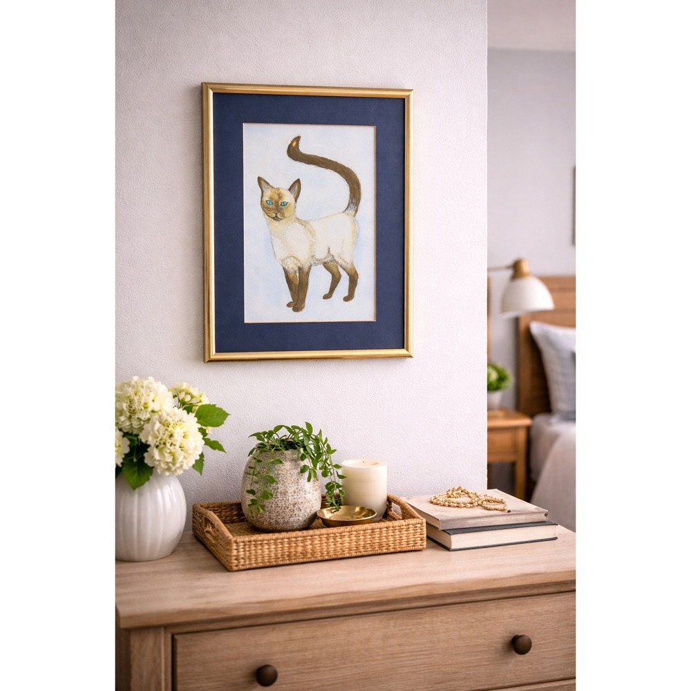 Original Watercolor Painting Siamese‎ Cat Framed Blue Mat Gold Tone 9x12